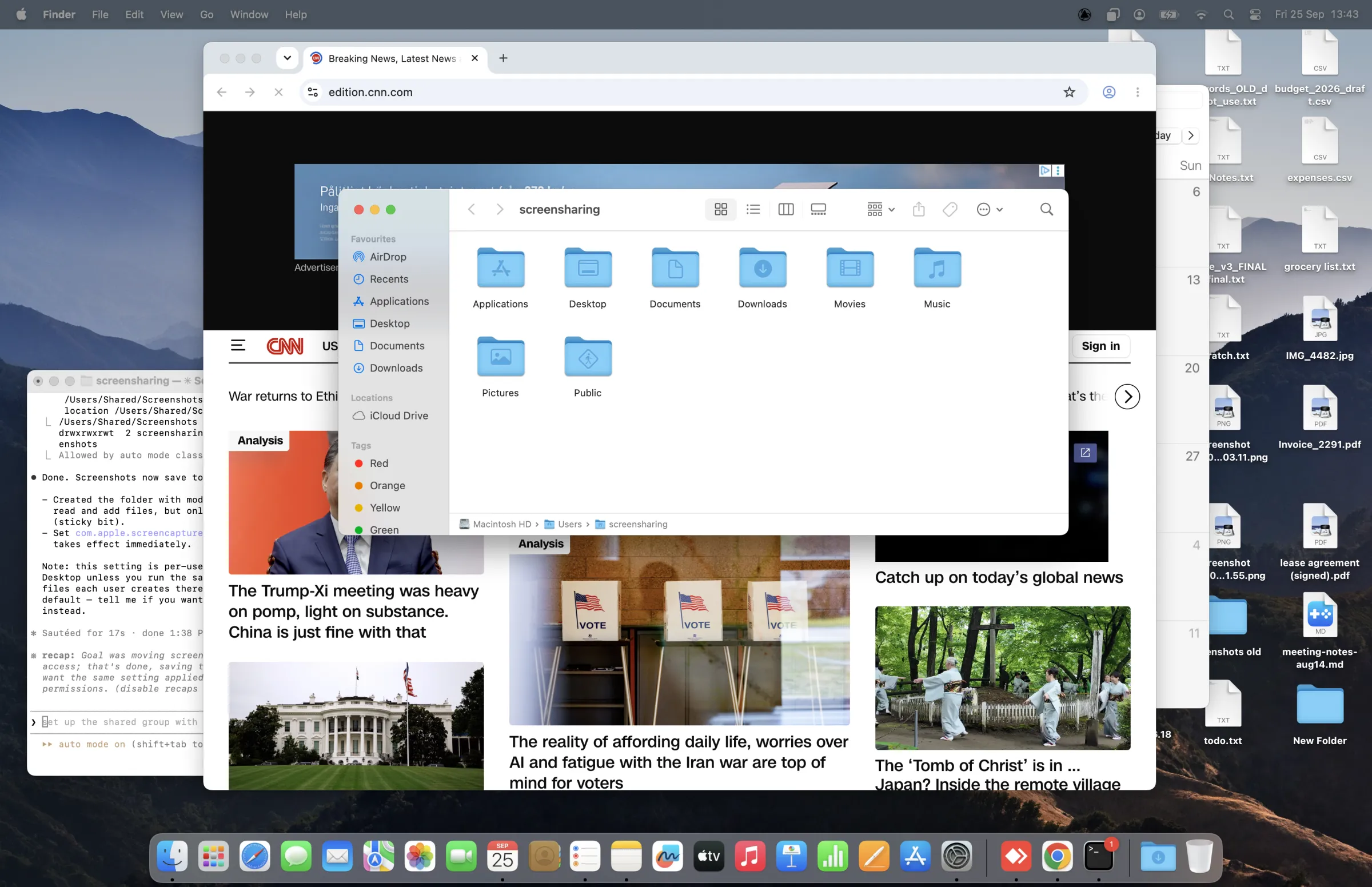 A cluttered Mac desktop: a news site, a terminal, a calendar and desktop files all visible behind a Finder window.